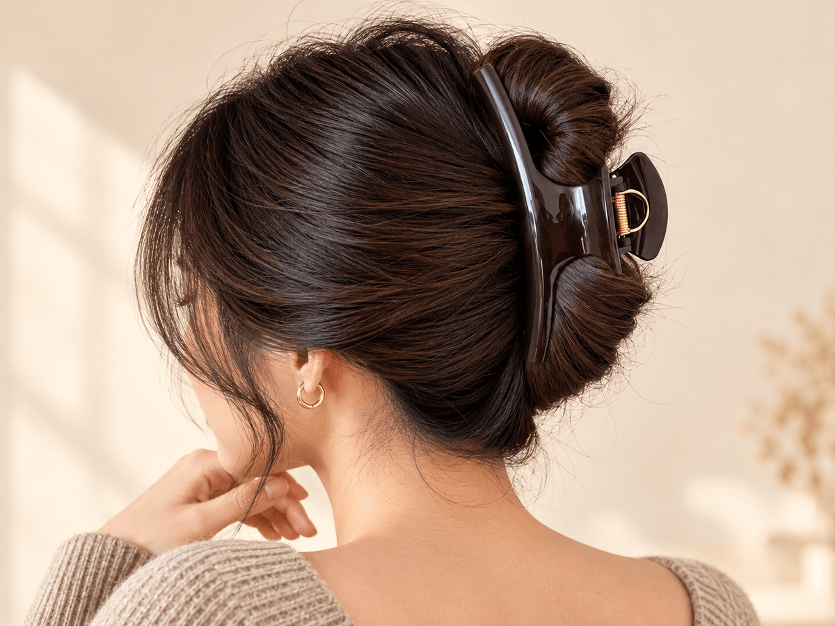 Extra large hair claw clip securing thick hair in an elegant updo