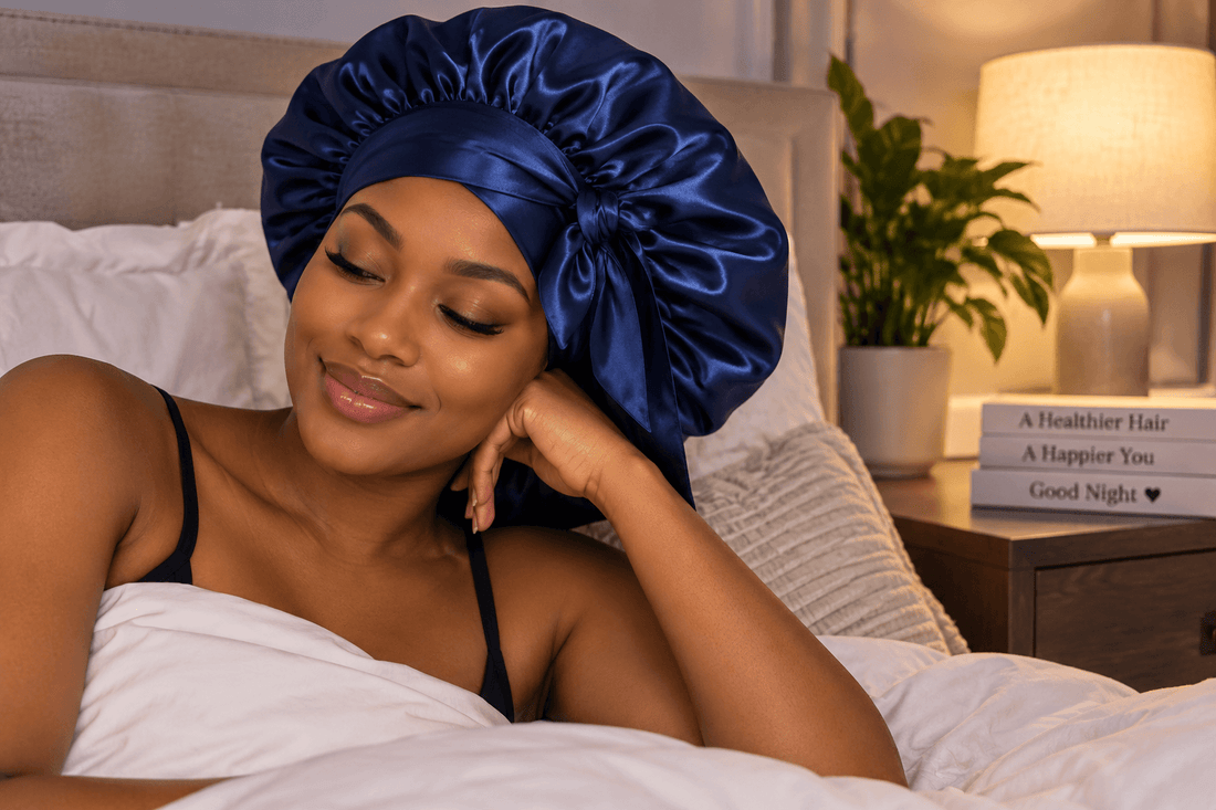 Woman wearing a satin bonnet as part of her overnight hair care routine