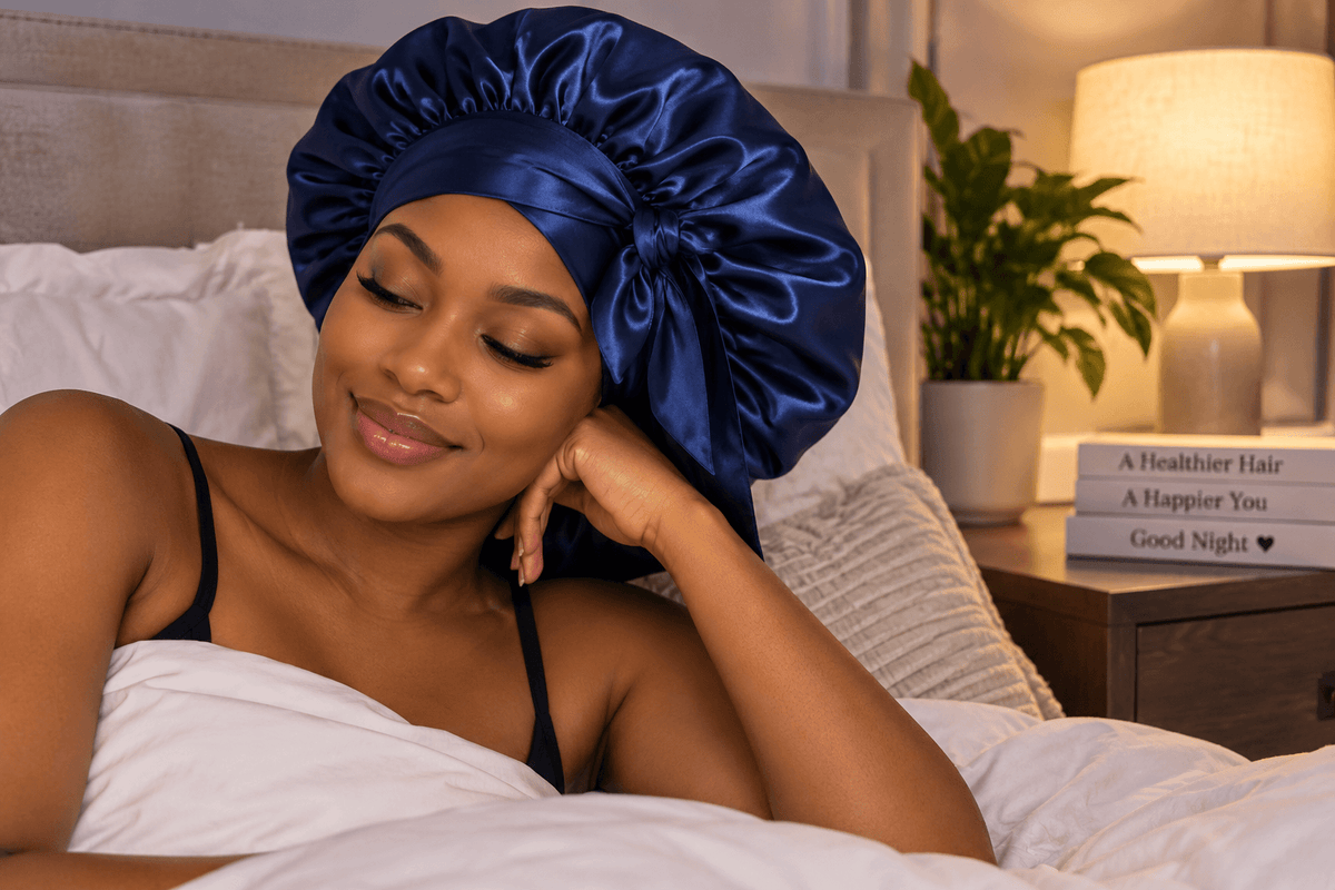 Woman wearing a satin bonnet as part of her overnight hair care routine