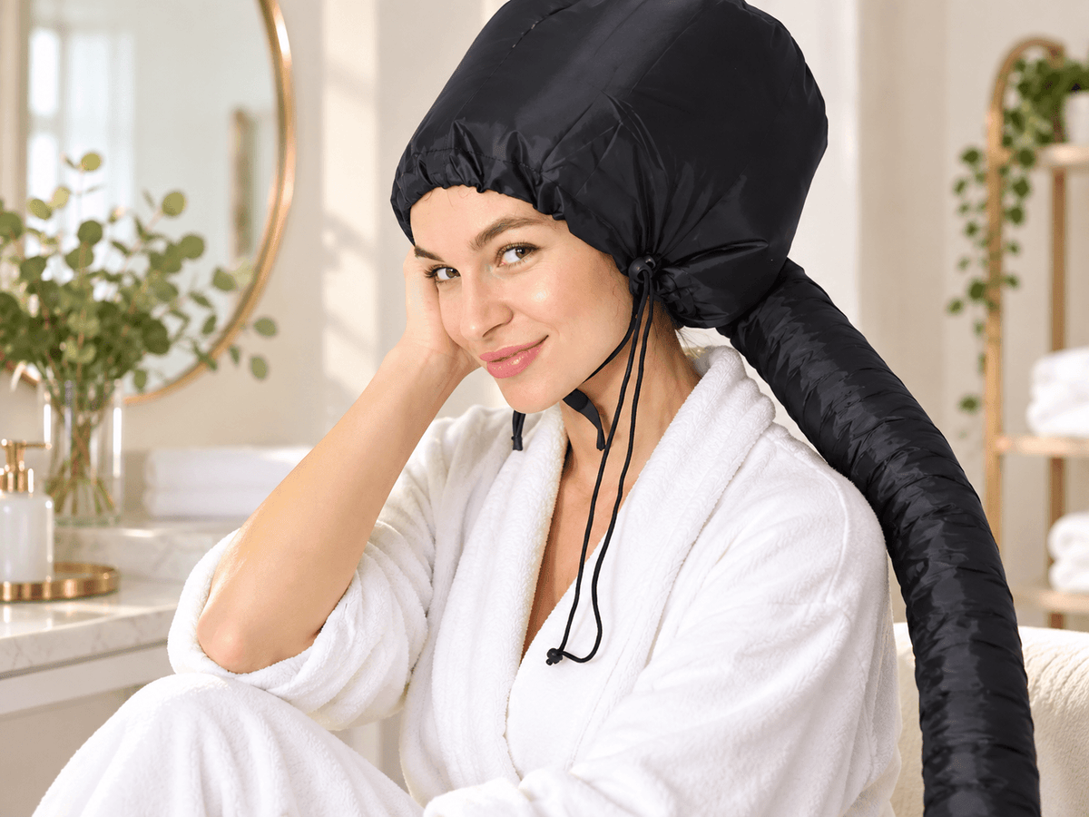 Hair dryer steamer cap used during an at-home deep conditioning routine